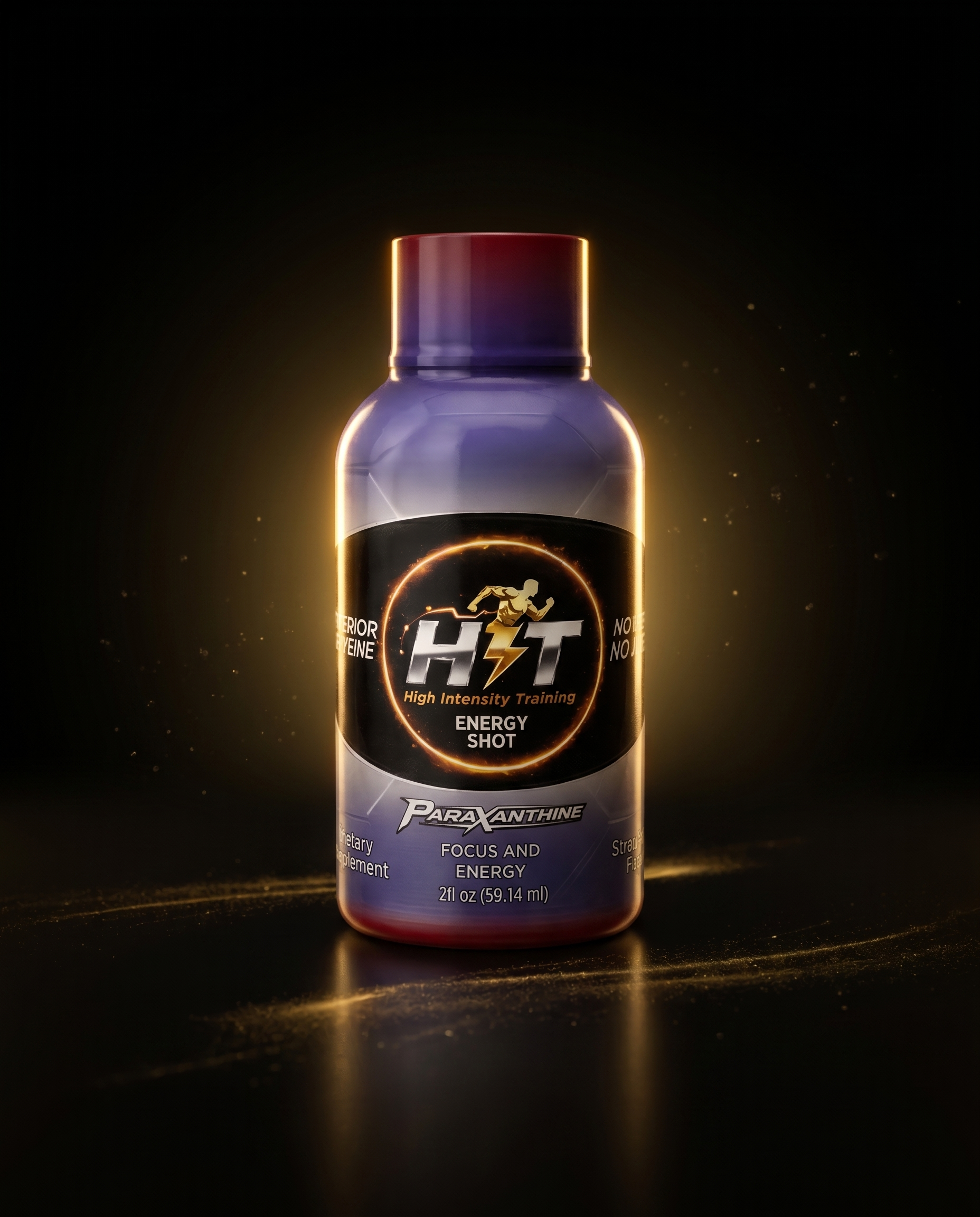 HIT Energy Shot single bottle on black and gold