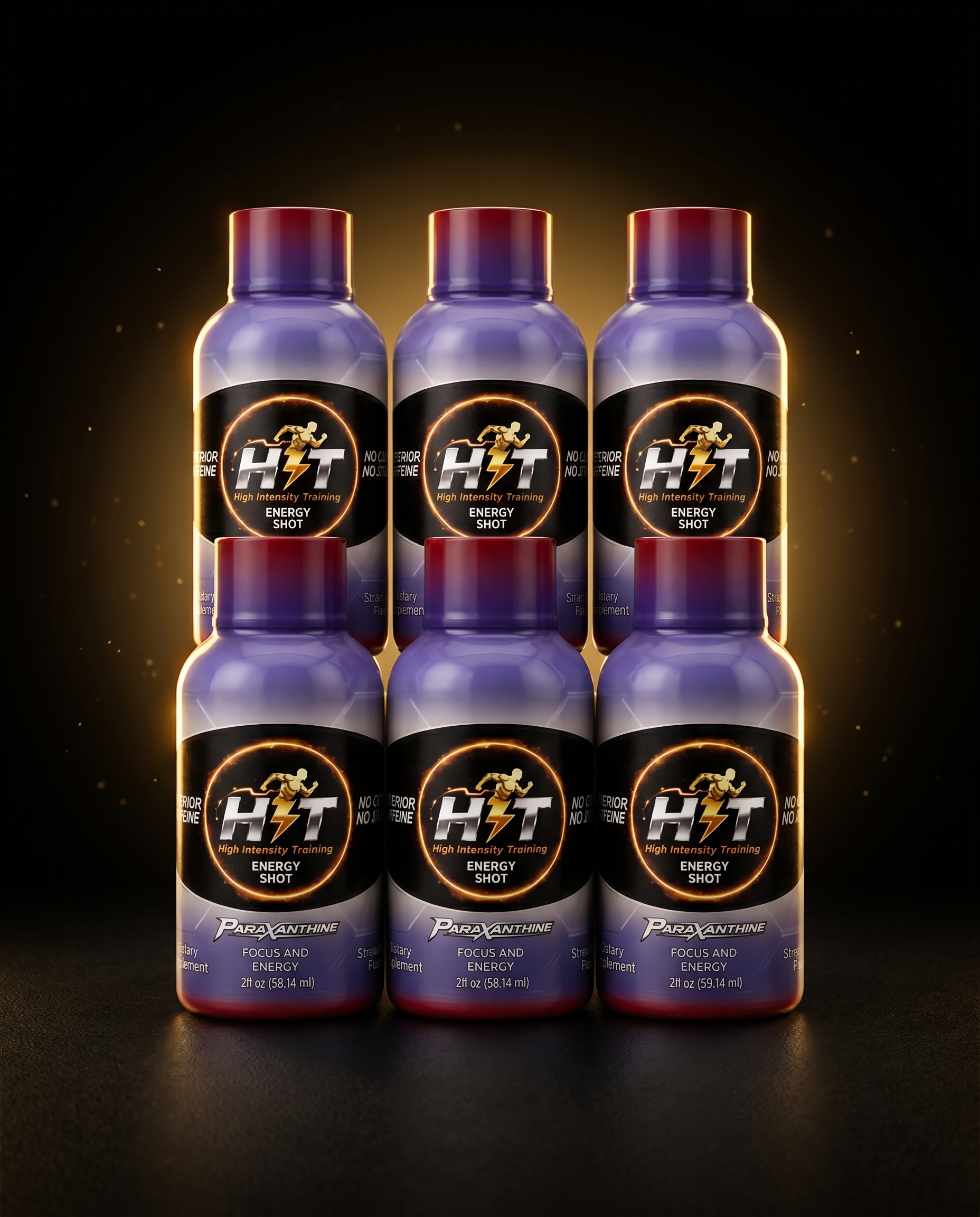 HIT Energy Shot 6-pack on black and gold