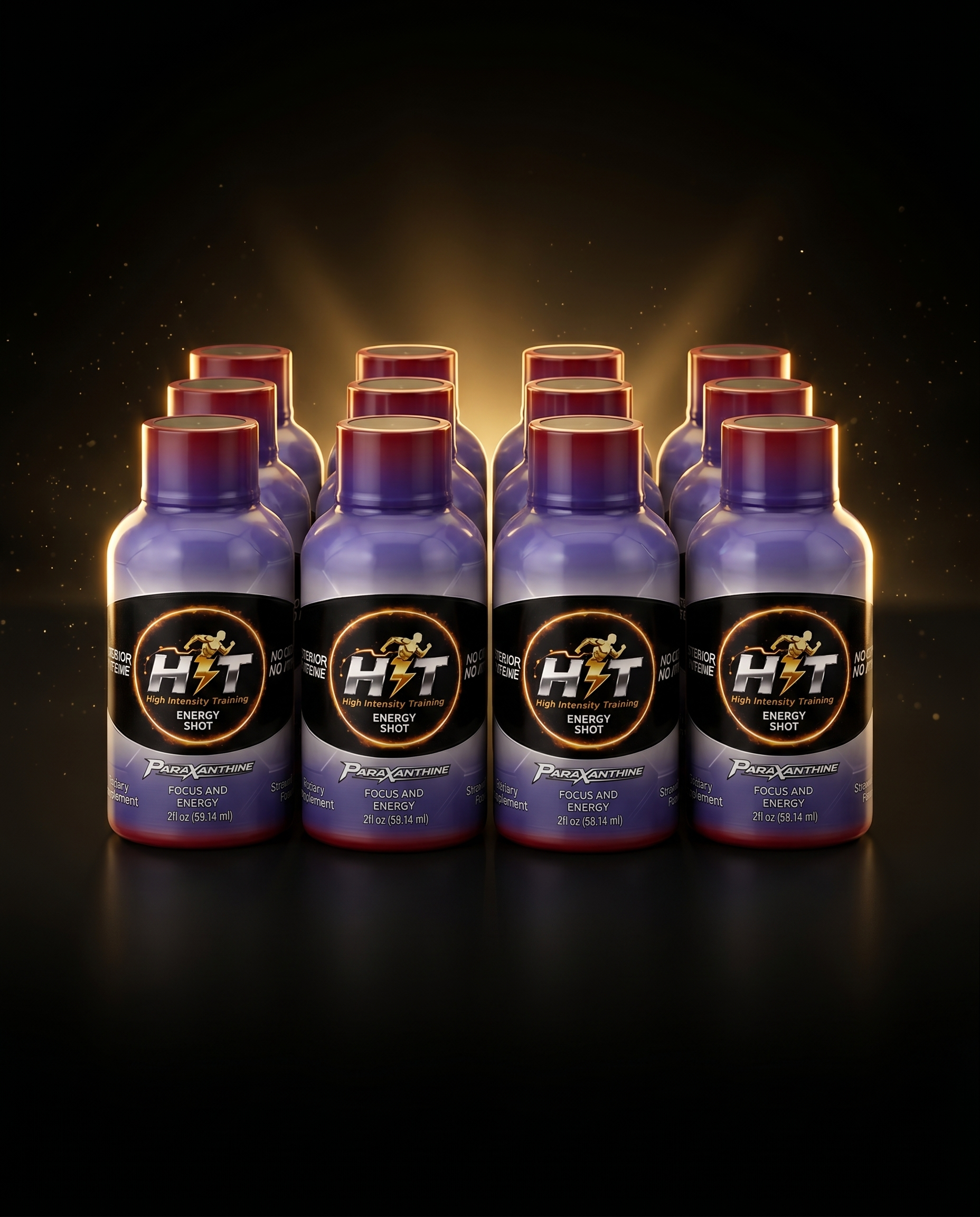 HIT Energy Shot 12-pack on black and gold